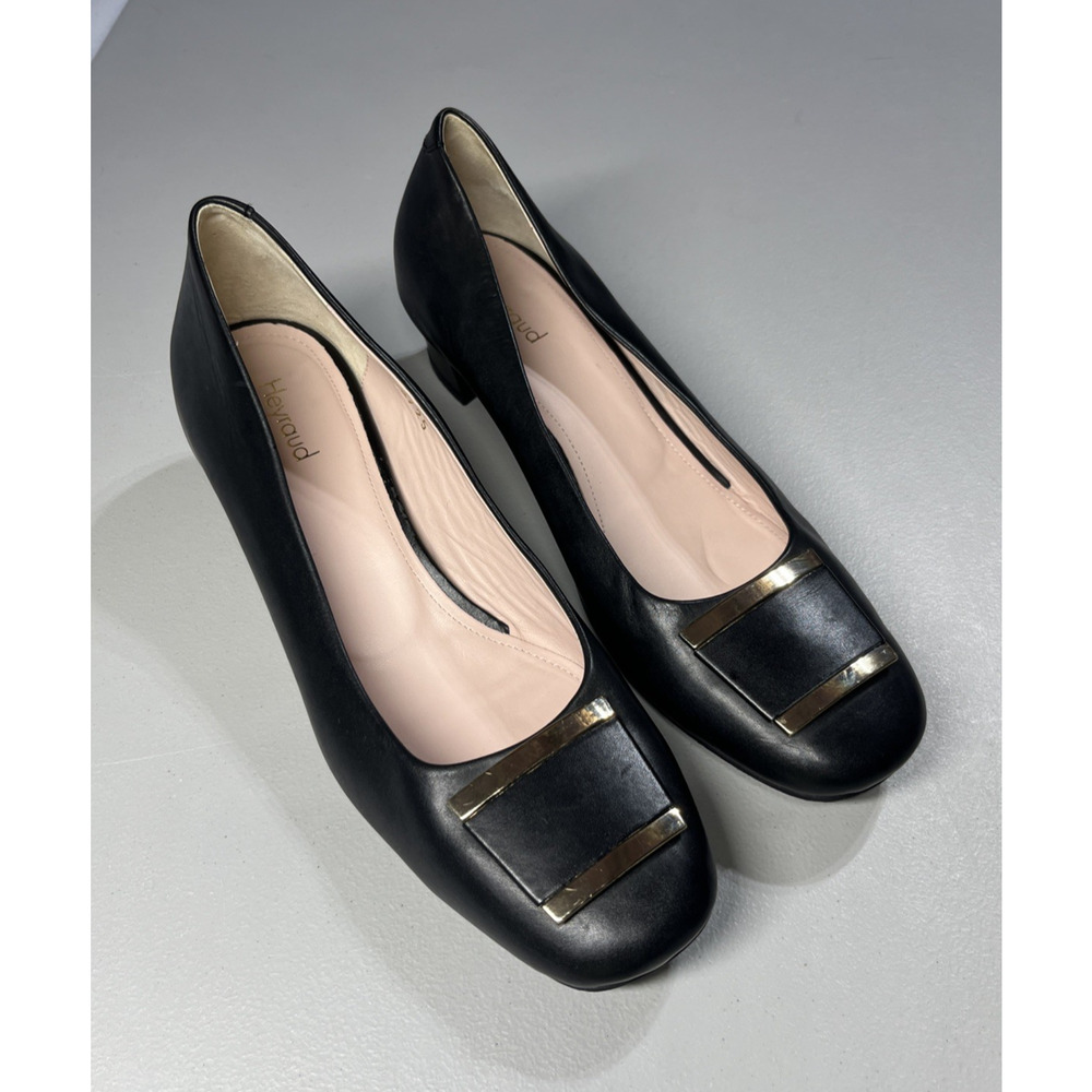 Heyraud Leather Block Heels Womens EU 39 Black Slip On Gold Trim Shoes